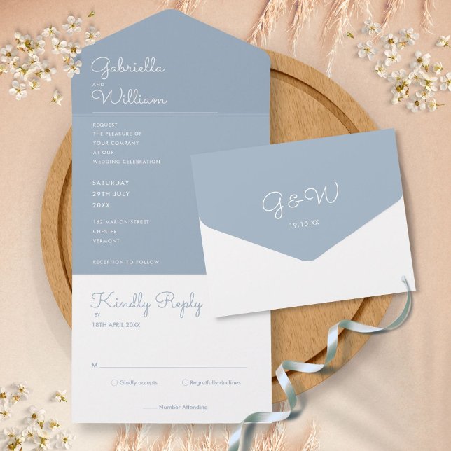 Casamento com Monograma Azul Empoeirado Minimalist (Criador carregado)