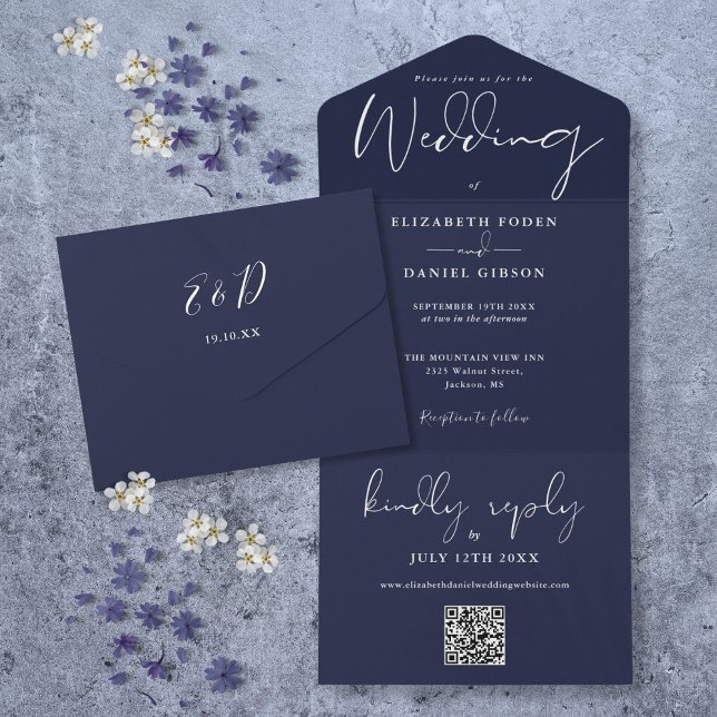 Casamento com Monograma de Código QR Azul Marinho  (Elegant Navy Blue QR Code Monogram Wedding All In One Invitation)