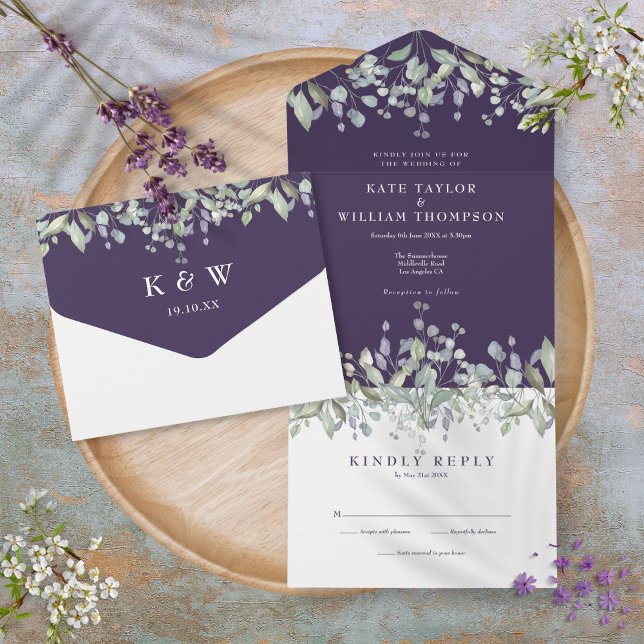 Casamento com Monograma Floral de Salvia Roxa e Li (Purple Sage And Lilac Floral Monogram Wedding All In One Invitation)