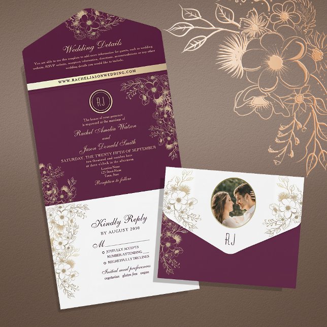 Casamento com Monograma Floral Roxo Vintage (Criador carregado)