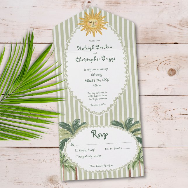 Casamento com Palmeira de Sol Chic Costeiro (Coastal Chic Sun Palm Tree Wedding Dinner All In One Invitation)