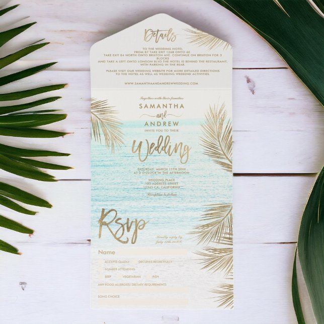 Casamento com palmeiras tropicais modernas de ouro (Modern chic gold palm tree tropical beach wedding all in one invitation)
