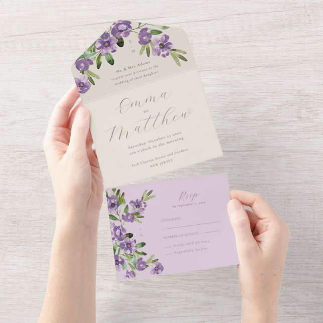 Casamento com Púrpura de Flores Russas de Aquarela (Aba destacável)