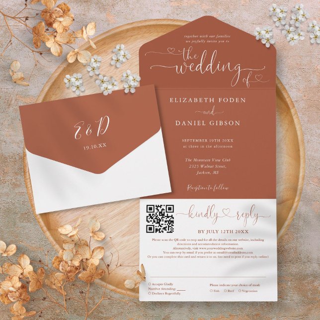 Casamento com QR Code em Script Minimalista Terrac (Terracotta Minimalist Script QR Code Wedding All In One Invitation)