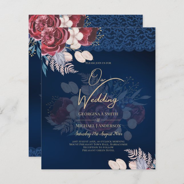 Casamento com rendas Florais Florais Azul-Borgonha (Frente/Verso)