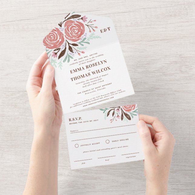 Casamento com Rosas de Aquarela Rosa Anticos (Aba destacável)