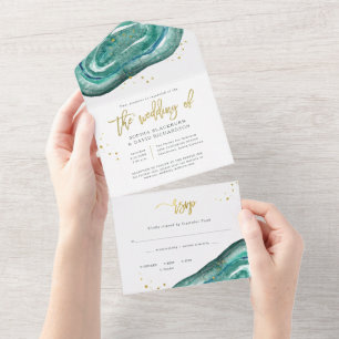 Casamento com Teal de Aquarela e Geodo Dourado