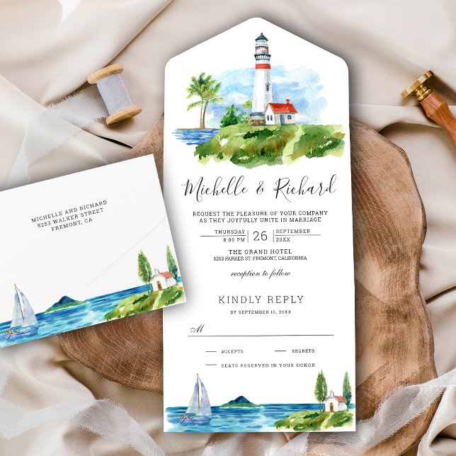 Casamento com Tema Costeiro de Farol em Aquarela (Criador carregado)