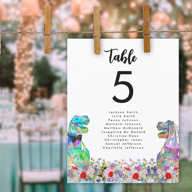 Casamento com tema de Dinossauro Mesa de Flores Si (Dinosaur themed wedding colorful wildflower table seating chart)