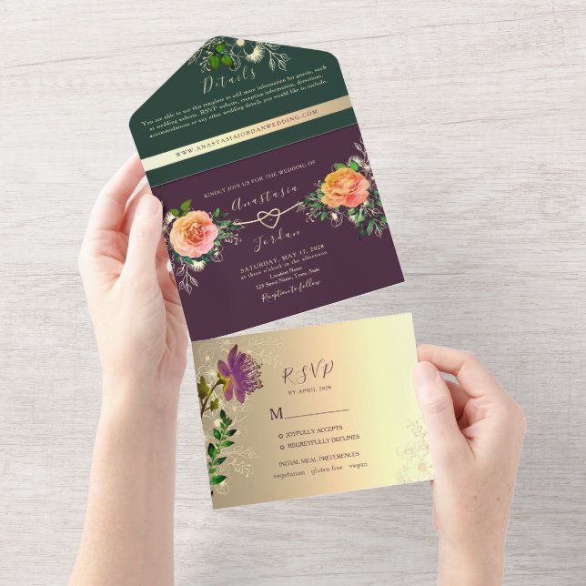 Casamento com Tons de Joia Esmeralda Roxa Verde (Aba destacável)