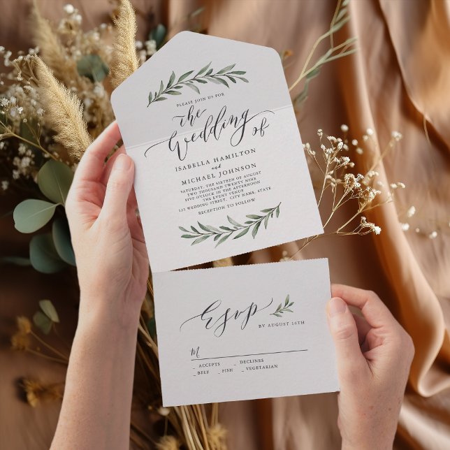 Casamento com vegetação rústica em caligrafia simp (Simple calligraphy rustic greenery wedding all in all in one invitation)