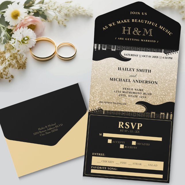 Casamento com Violão Negro e Dourado (Black & Gold Glitter Guitar Wedding All In One Invitation)