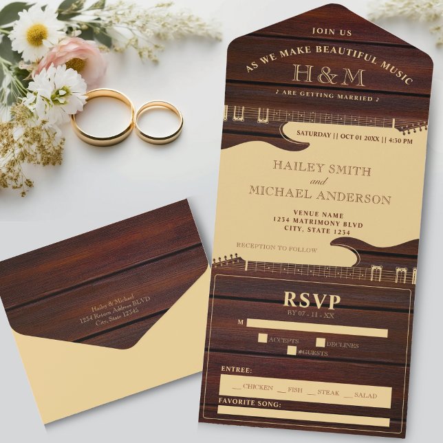 Casamento com Violão Vermelho e Tan Brown (Red Wood & Tan Brown Guitar Wedding All In One Invitation)