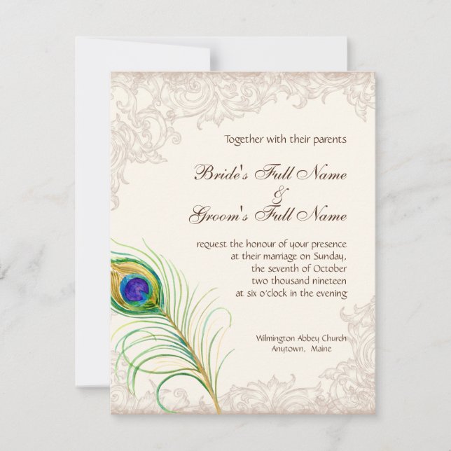 Casamento Convite Vintage Peacock Feather Etch (Frente)
