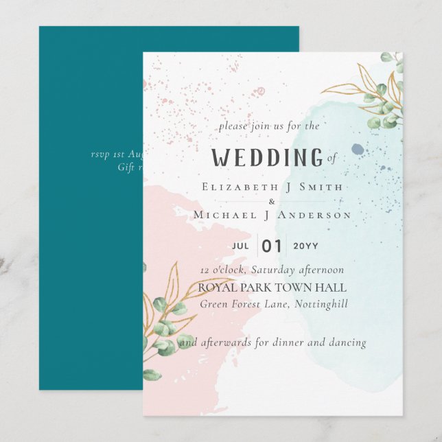 Casamento Cor-de-rosa Azul Eucalyptus Moderno (Frente/Verso)
