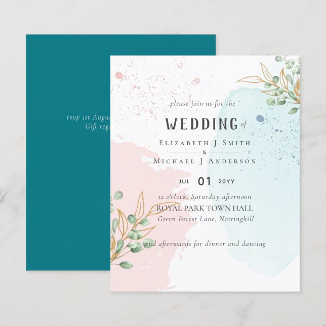 Casamento Cor-de-rosa Azul Eucalyptus Moderno (Frente/Verso)