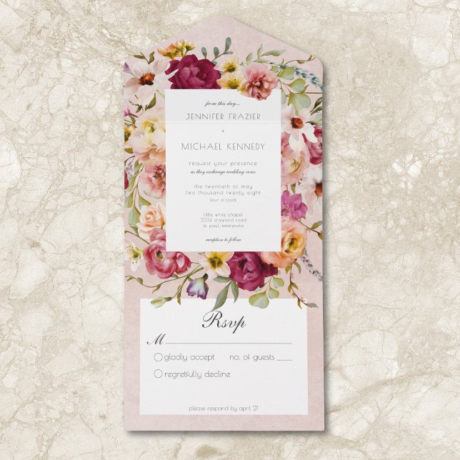 Casamento Cor-de-rosa-rosa-rosa-amarelo-vírgula se (Vintage Pink Yellow Floral Pink Wedding No Dinner All In One Invitation)