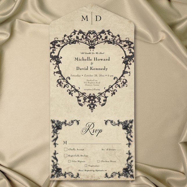 Casamento Coração Filigrana Pergaminho Bege Gótico (Gothic Black Tan Parchment Filigree Heart Wedding All In One Invitation)