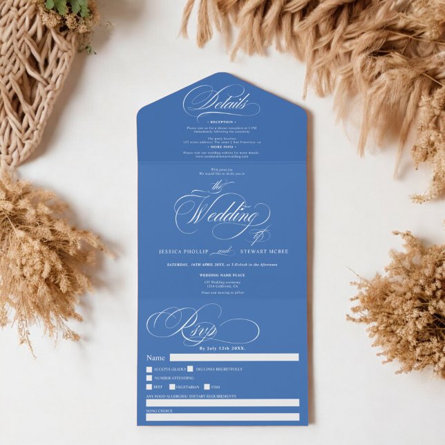 casamento da caligrafia azul-elegante (French blue elegant script calligraphy wedding all in one invitation)