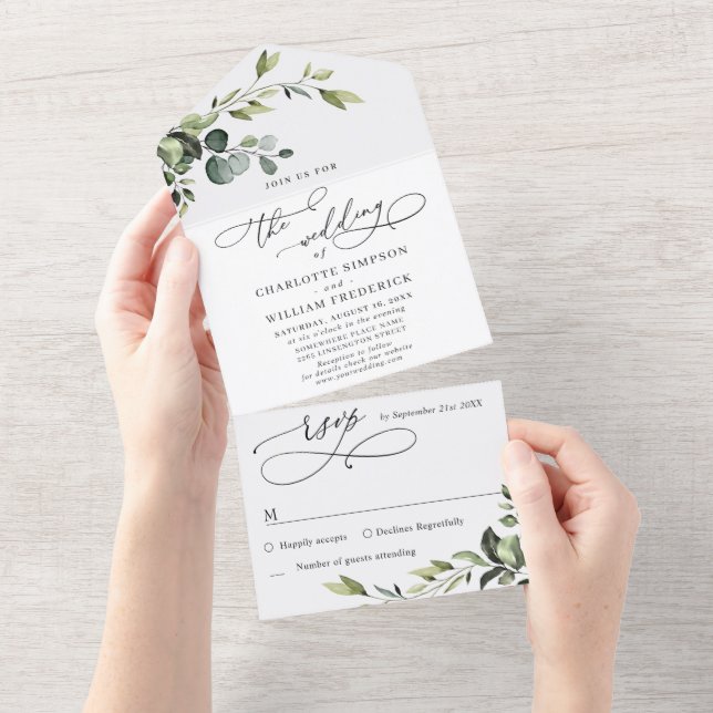 Casamento de Aguarela Elegante com Folhagem de Euc (Aba destacável)