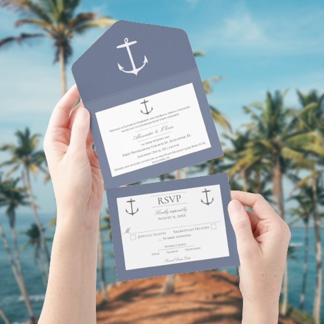 Casamento de Âncora Náutica Simples | Azul poeiren (Dusty Blue Nautical Anchor Wedding All in One Invitation)