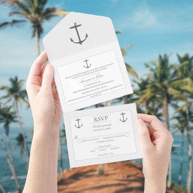 Casamento de Âncora Náutica Simples | Branco (White Nautical Anchor Wedding All in One Invitation)
