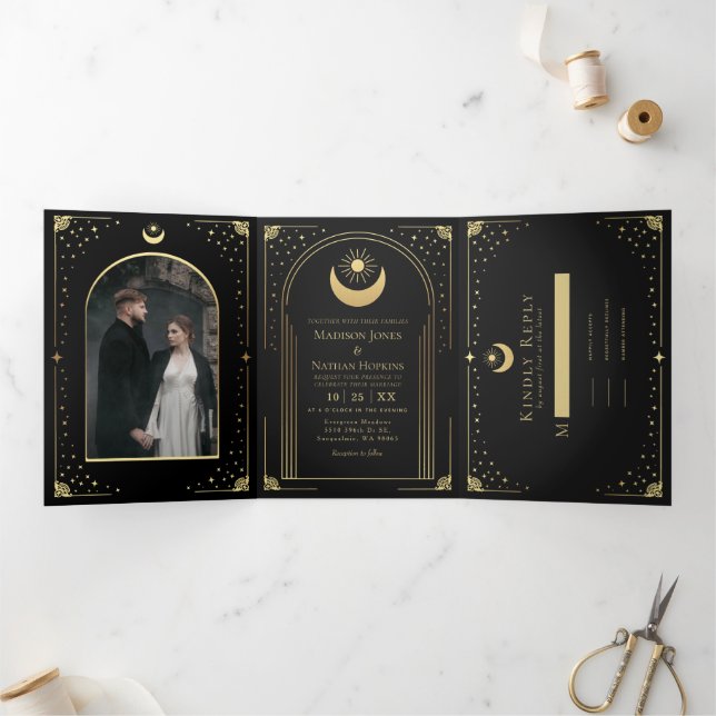 Casamento de Arco com Cartão Tarot Dourado Místico (Dentro)