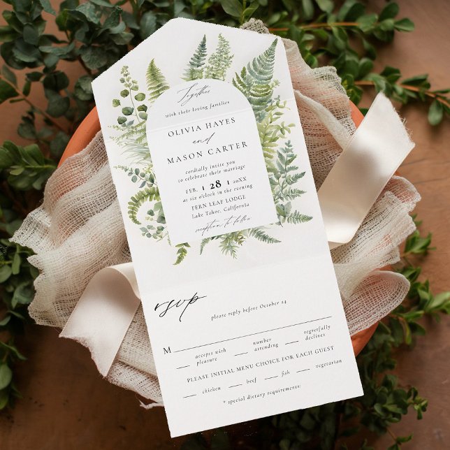 Casamento de Arco de Boho de Floresta Encantada (enchanted forest wedding invitation botanical boho arch ferns outdoors mountains garden all in one)