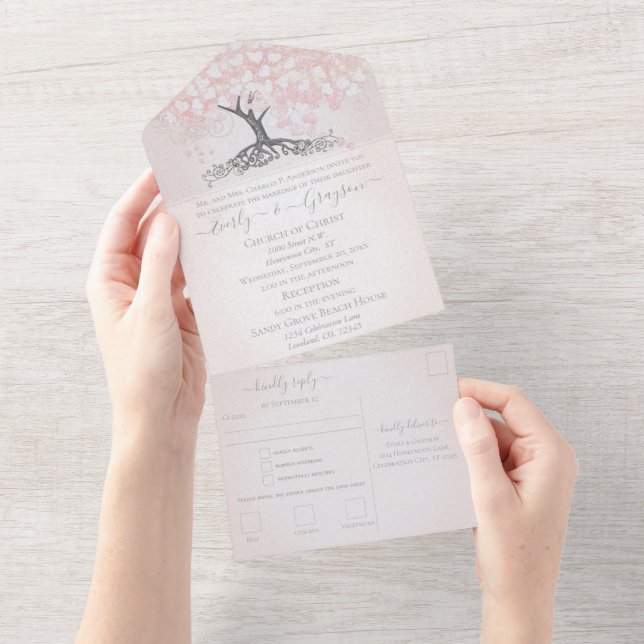 Casamento de Árvore de Folha de Coração Rosa-Blush (Aba destacável)