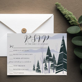 Casamento de árvores de inverno com placa RSVP de 