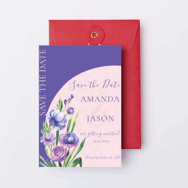 Casamento de Blush Floral Roxo Moderno Salve a Dat (Purple Floral Blush Elegant Wedding Save the Date Invitation)