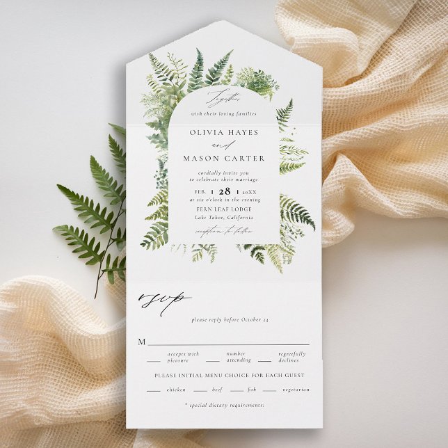 Casamento de Boho Arch de Ferns Boho, Floresta Enc (enchanted forest wedding invitation botanical boho arch ferns outdoors mountains nature garden all)