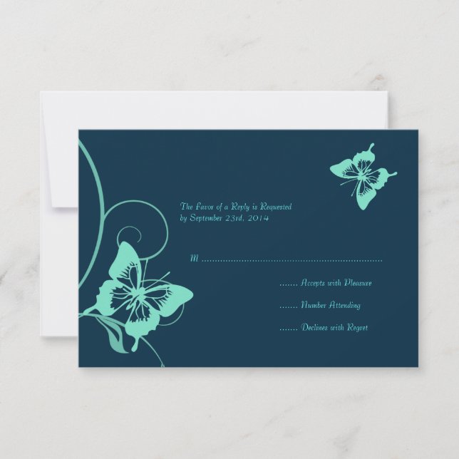 Casamento de Borboleta Azul Escuro e Teal RSVP (Frente)