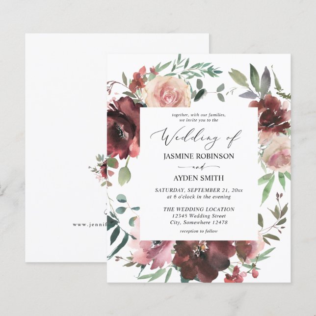 Casamento de Borgonha Dusty Pink Floral 5 (Frente/Verso)