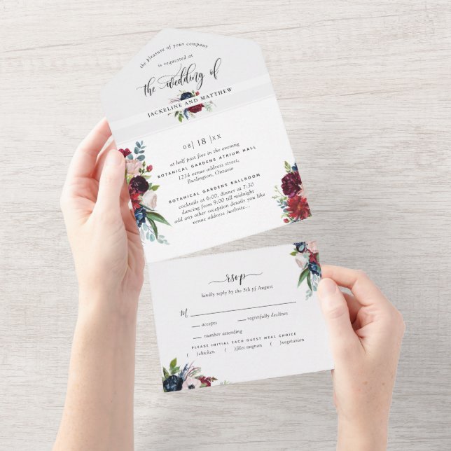 Casamento de Borgonha e Azul com RSVP Perfurado (Aba destacável)