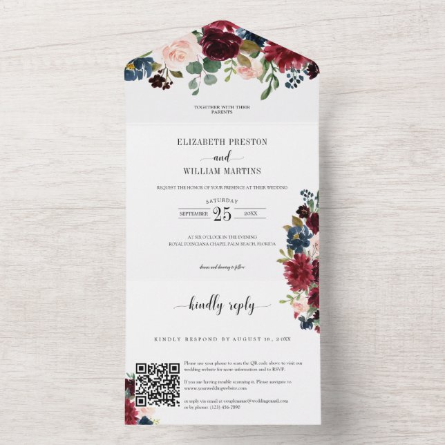 Casamento de Burgundy Floral Greenery com Código Q (Interno)