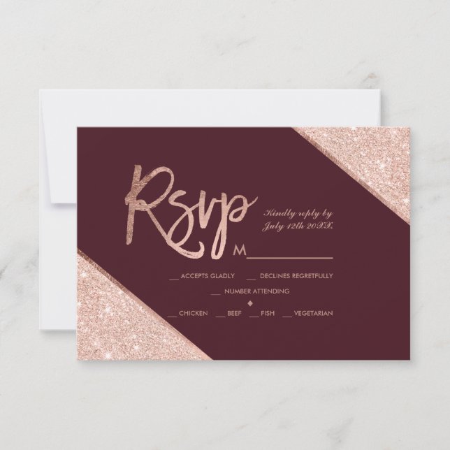 casamento de burgundy rsvp com script dourado rosa (Frente)