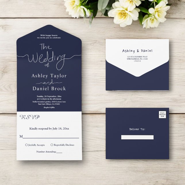 Casamento de Caligrafia Branca Azul-Marinho Simple (Criador carregado)