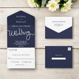 Casamento de Caligrafia Branca Azul-Marinho Simple
