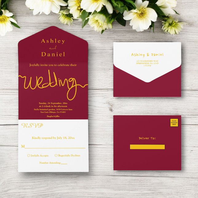Casamento De Caligrafia Dourada E Chic Burgundy (Criador carregado)
