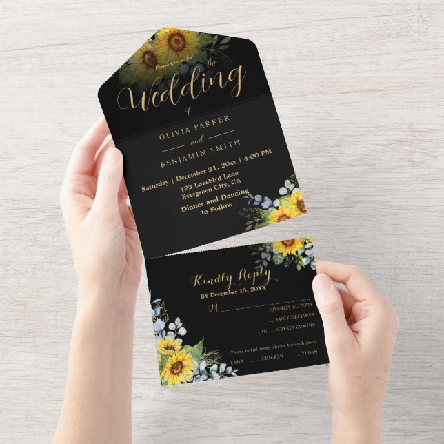 Casamento de Caligrafia Dourada Sunflower Black (Tearaway)