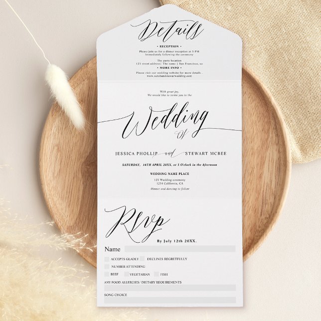 Casamento de caligrafia moderna branca-negra (Chic black white modern calligraphy wedding all in one invitation)