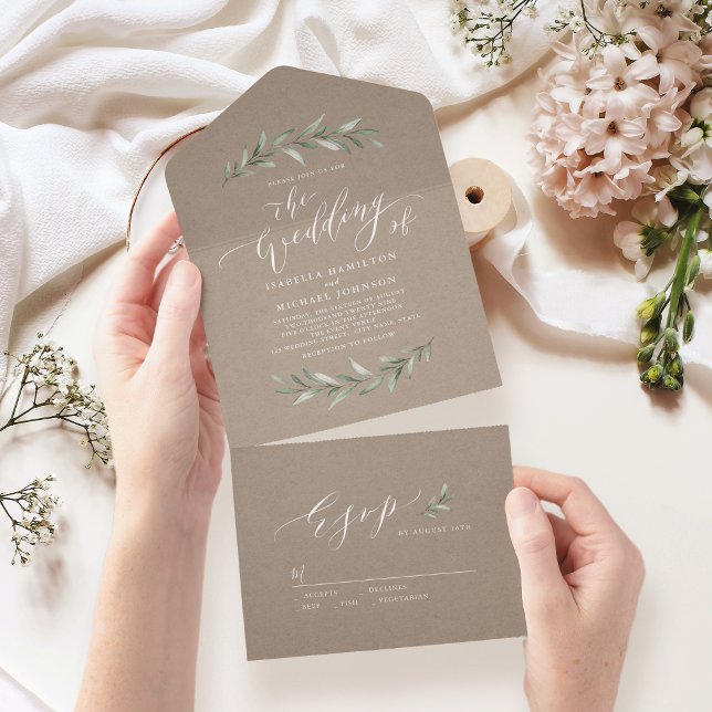 Casamento de caligrafia rusticado (Simple calligraphy kraft rustic greenery wedding all in one invitation)