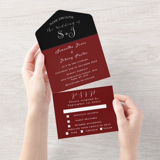 Casamento de Caligrafia Simples Black Burgundy (Aba destacável)