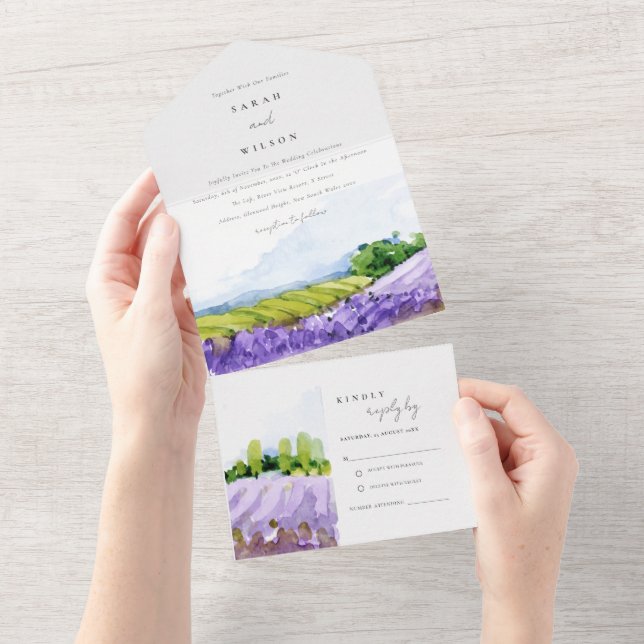 Casamento de Campos de Lavanda de Aquarelas Rustic (Aba destacável)