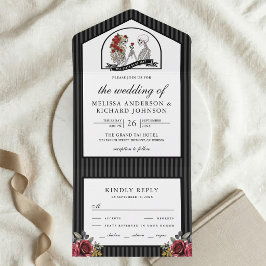 Casamento de casal esqueleto gótico com rosas verm