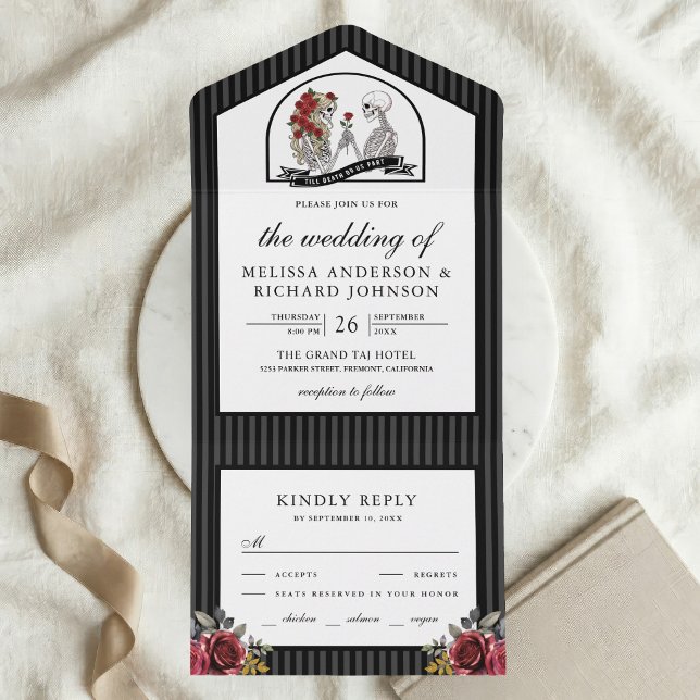 Casamento de casal esqueleto gótico com rosas verm (Criador carregado)