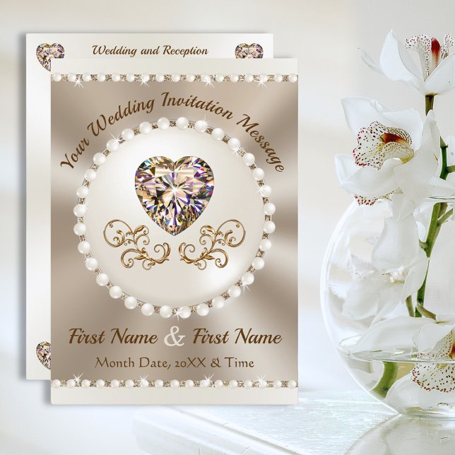 Casamento de Champanhe e Taupe, Convites de Casame (Champagne and ivory wedding. Diamond and pearls invitations. Champagne wedding motif. Heart Diamond.)