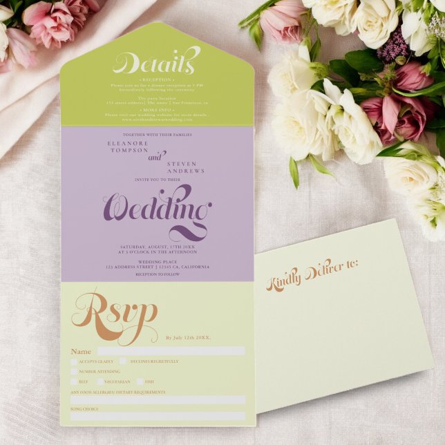 Casamento de chic com guião roxa verde-boho (Retro boho green purple script chic wedding all in one invitation)