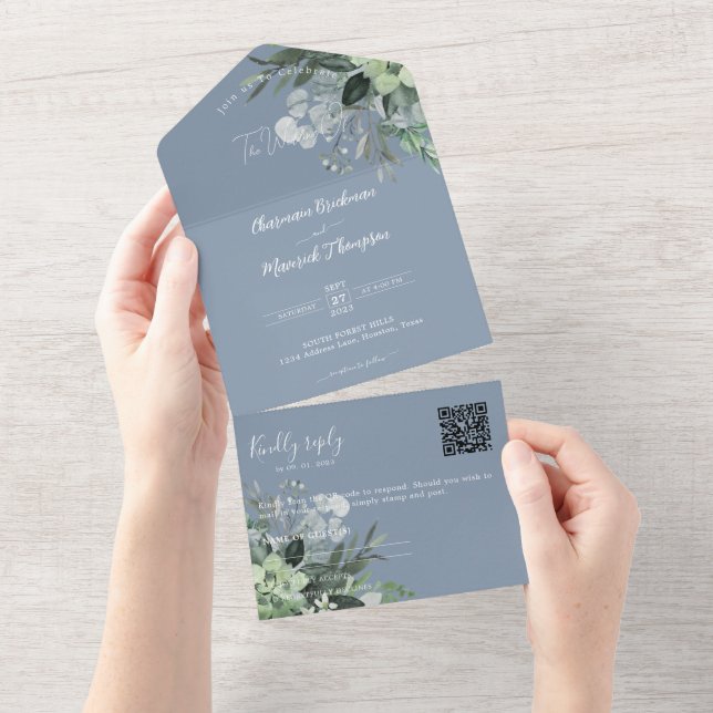 Casamento de Código QR Azul Dusty Botânico (Aba destacável)